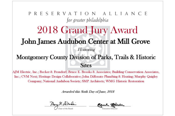 2018 Preservation Alliance Grand Jury Award, John James Audubon Center at Mill Grove.